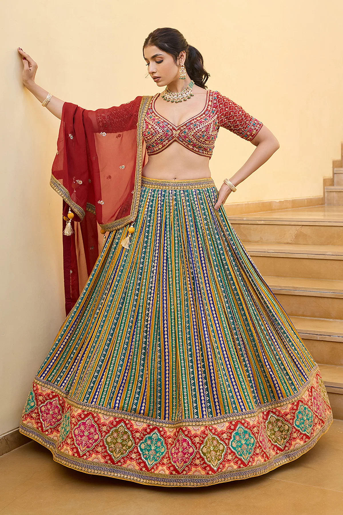 Multicolor Printed Crepe Designer Lehenga